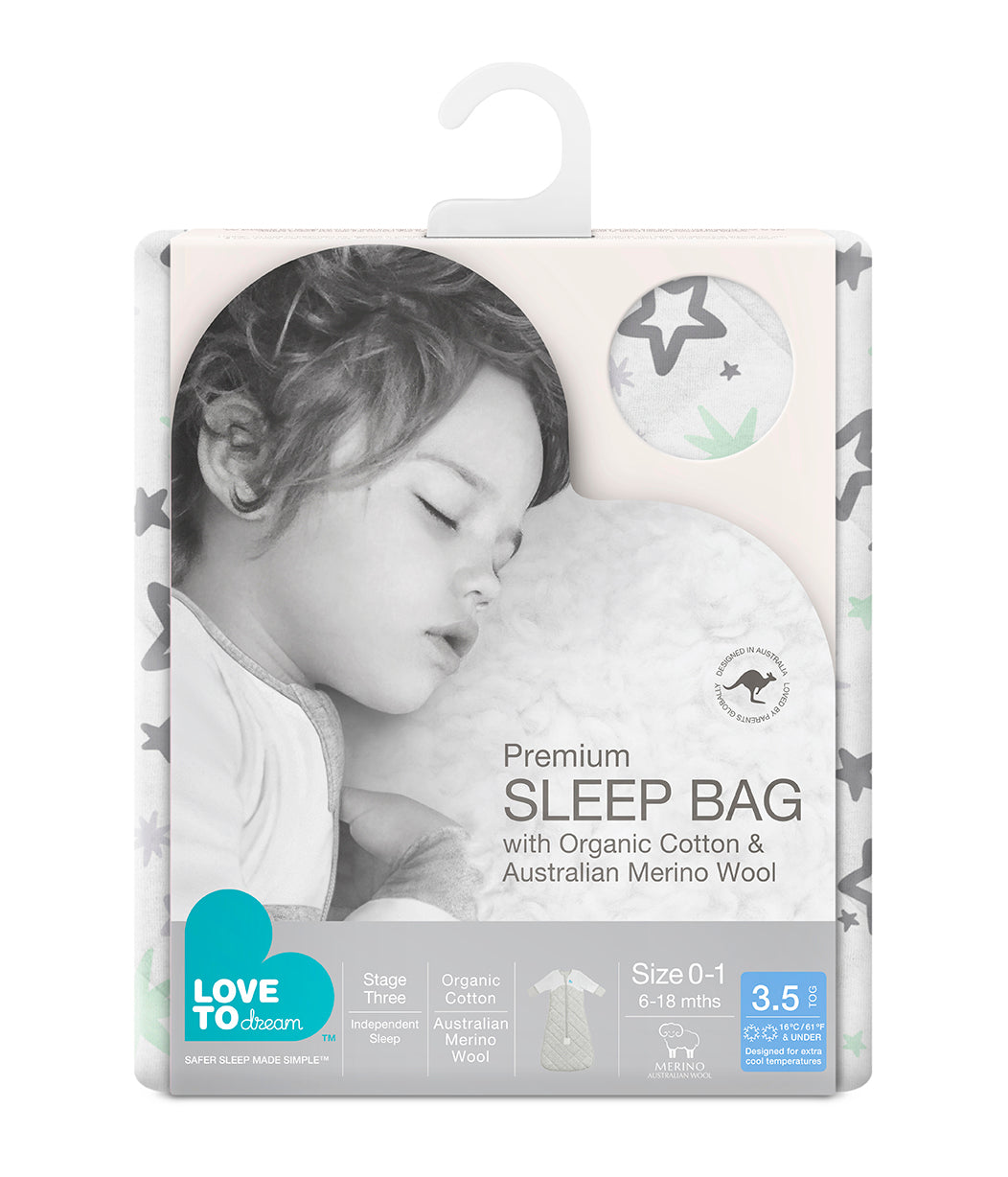 Gigoteuse Love To Dream™ en coton biologique et laine mérinos australienne étoiles extra chaudes vert menthe