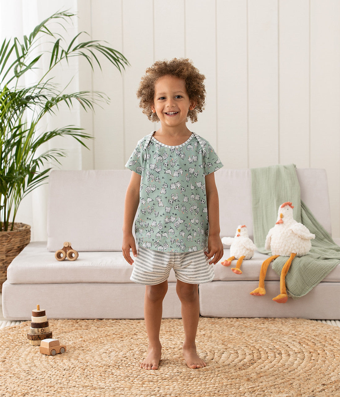 Kurzarm-Pyjama-Set Baumwolle Oliv Hühnerrennen