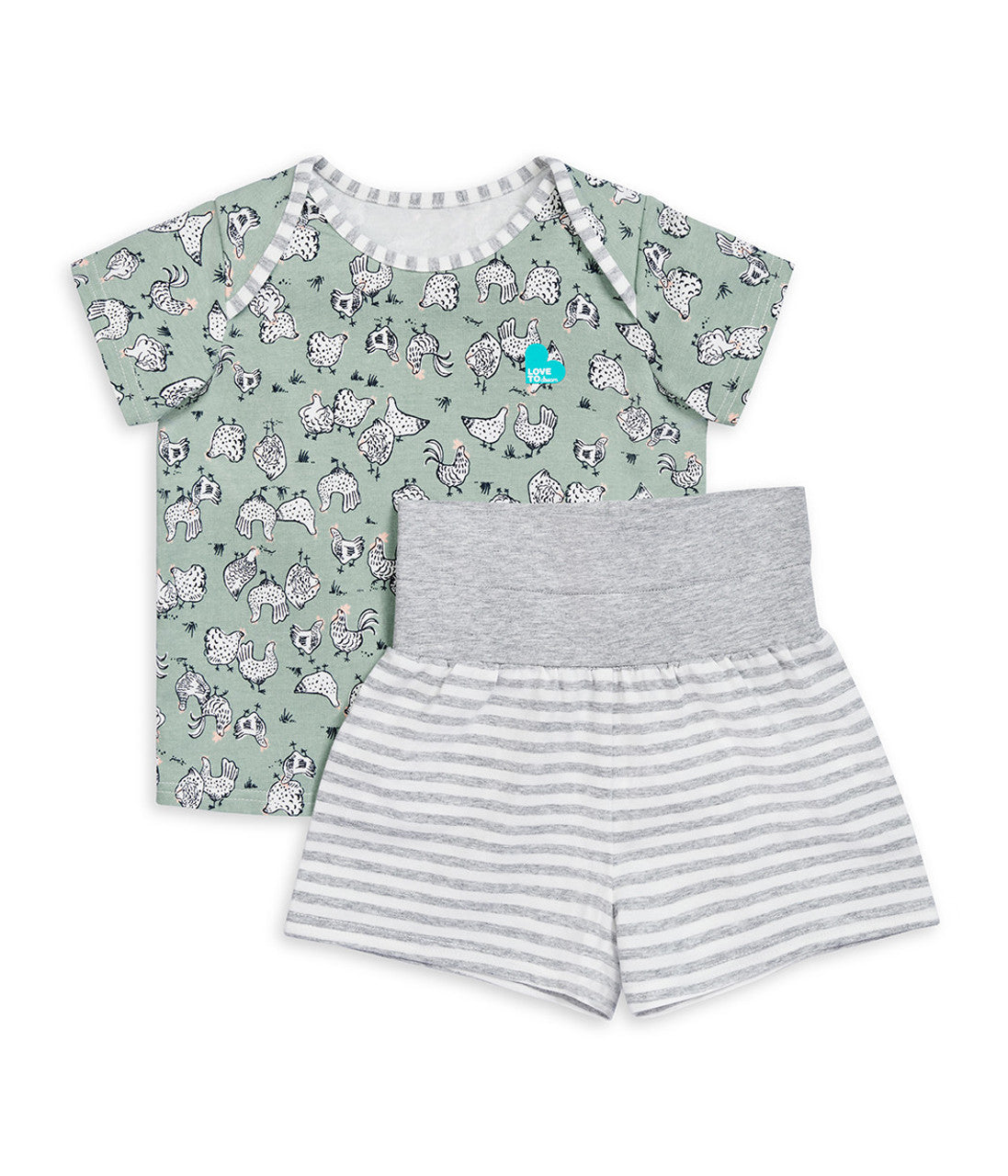 Kurzarm-Pyjama-Set Baumwolle Oliv Hühnerrennen