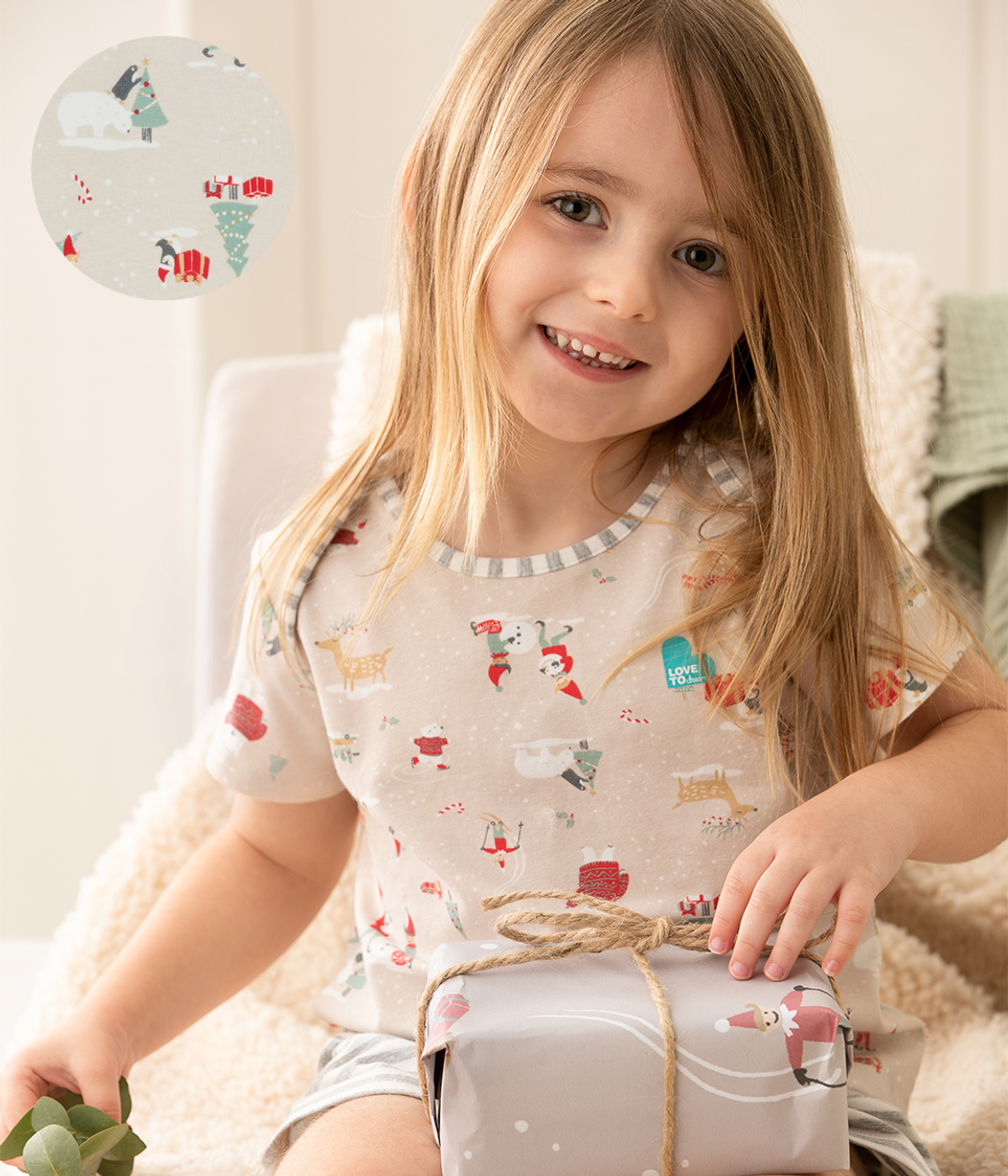 Kurzarm-Pyjama-Set Baumwolle Beige Schneeparty