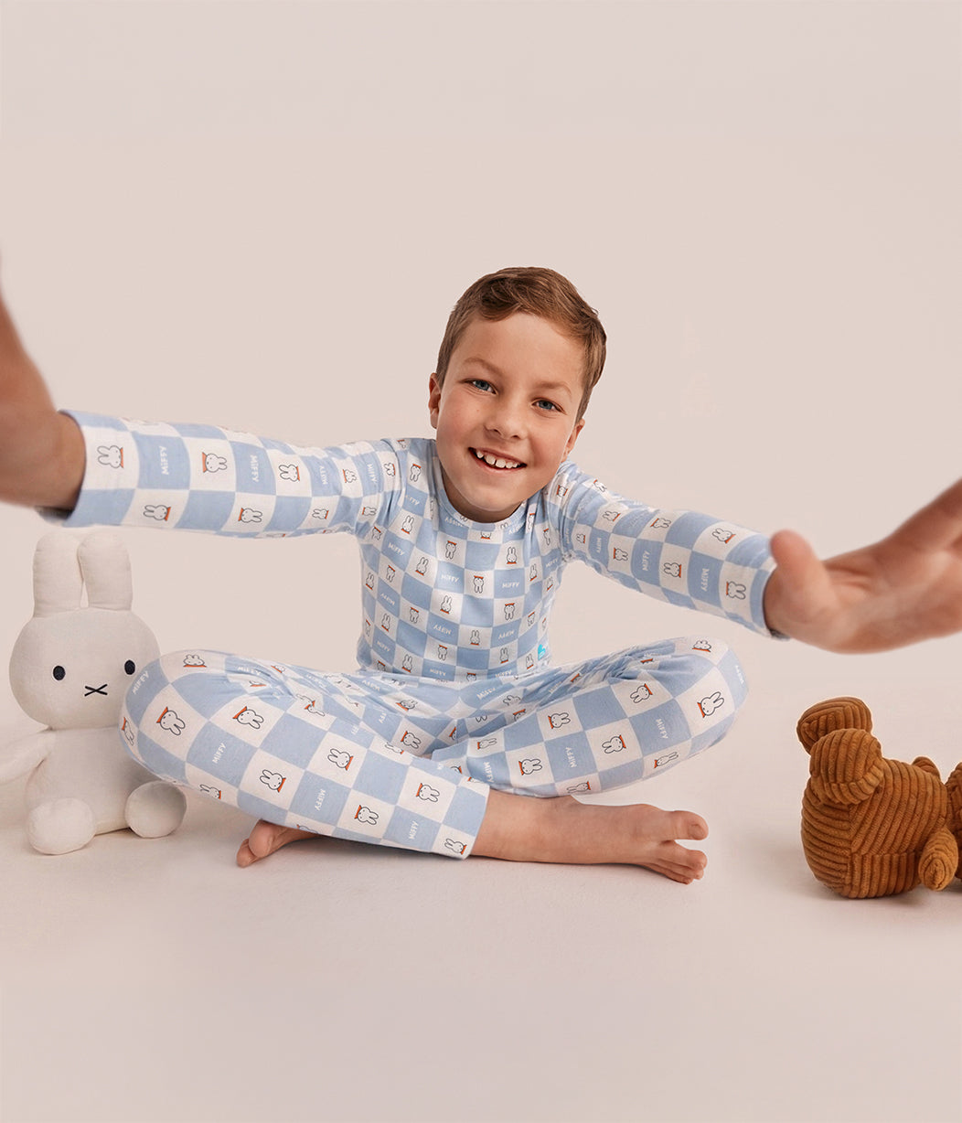 Kinder Langarm Pyjama-Set Viskose aus Bambus Blau Miffy Karomuster