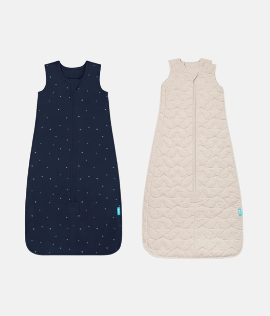 Coffret gigoteuse | 1,5 | 2,5 TOG | Bleu marine Étoile scintillante brodée | Naturel chiné Étoile matelassée