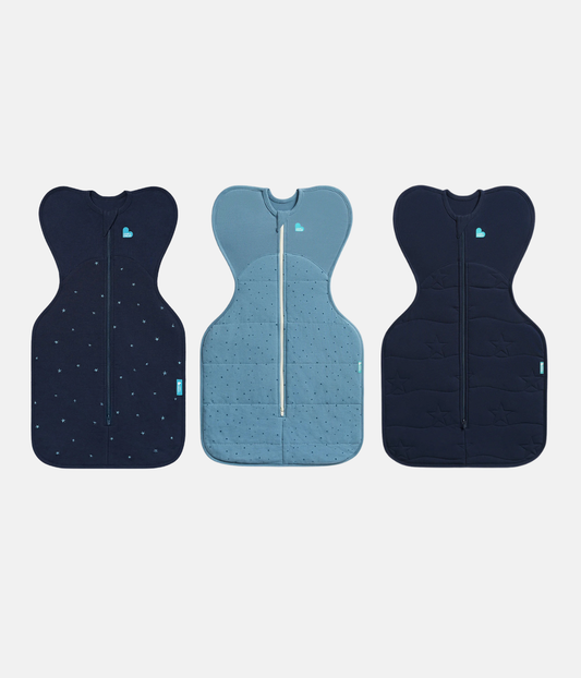 Coffret de naissance Swaddle Up™ | 1,5 | 2,5 | 3,5 TOG | Bleu marine Étoile scintillante brodée | Bleu orage Petits cailloux | Bleu marine Étoile matelassée
